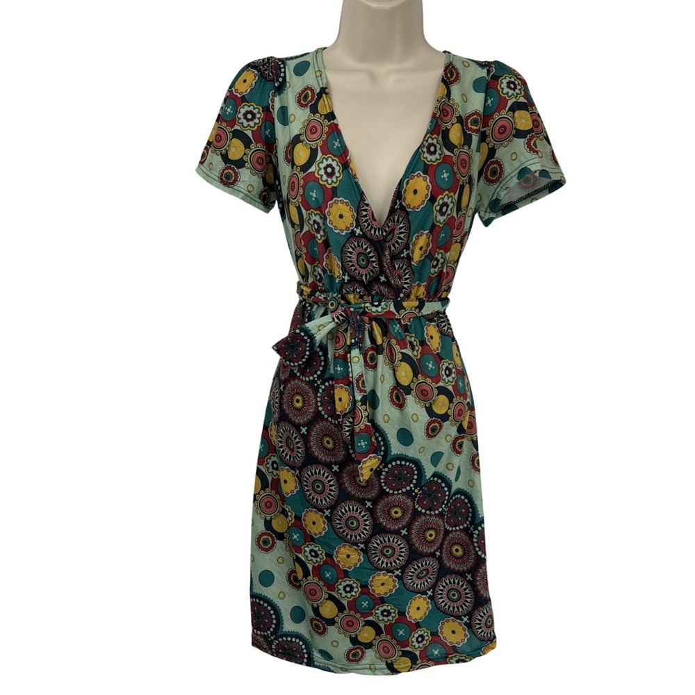 Vintage Y2K 90s Luna Claire Babydoll Dress Small Green Retro Geometric Pockets